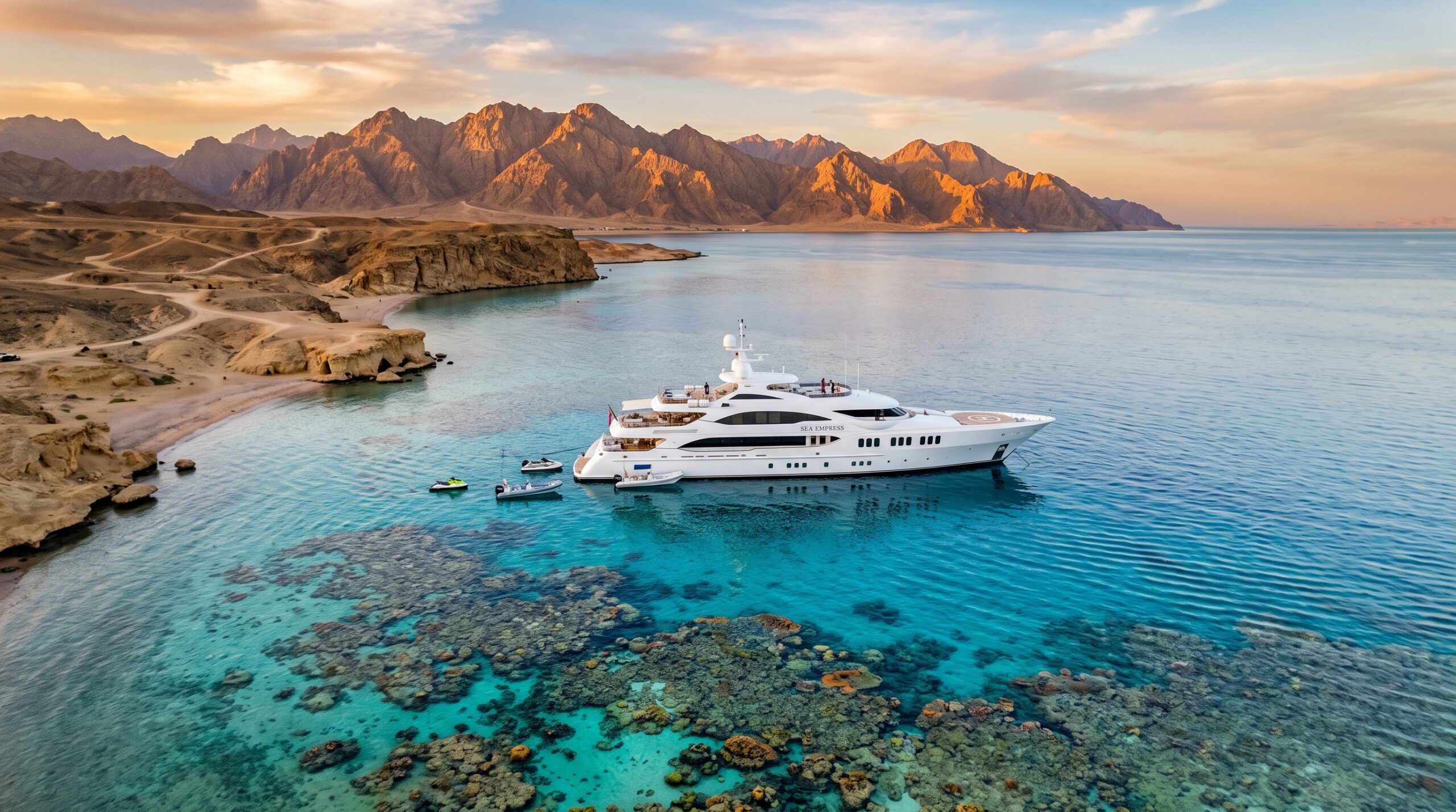 Prompt 3: A stunning, realistic wide-angle drone photograph of a premium white luxury cruise yacht anchored near a colorful shallow coral reef in Ras Mohammed. In the far background, the dramatic, sharp desert mountains of Sharm El Sheikh are glowing under a warm late-afternoon sun. Pristine turquoise water, vibrant underwater details visible from above, professional travel look.